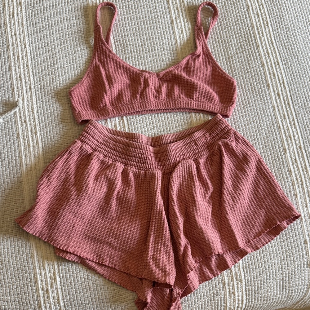 Ninety Percent Mauve Ribbed Bralette and Shorts Set